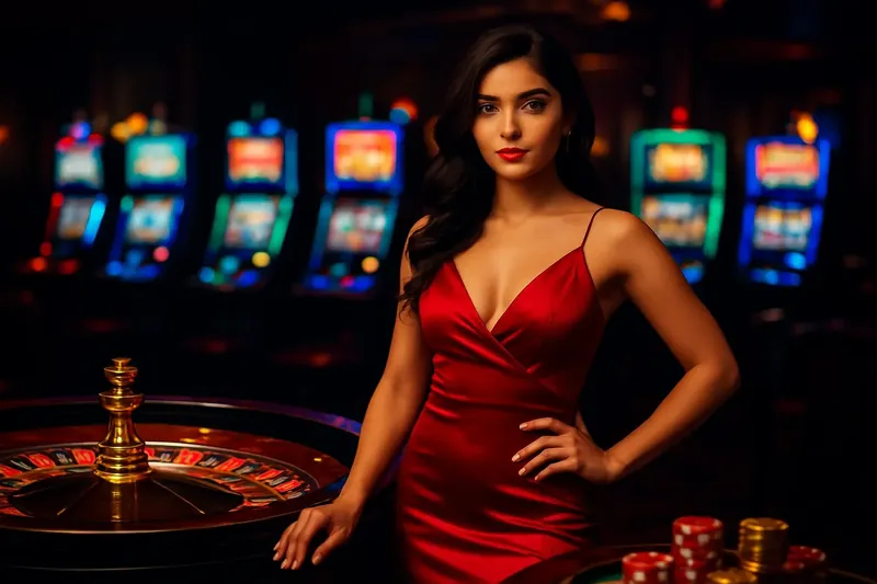 Beautiful woman in red dress standing confidently near roulette and slot machines with gold coins and poker chips in a luxurious Bangladeshi casino atmosphere