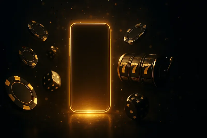 Glowing smartphone with casino chips, slot reels, and dice on dark gold background